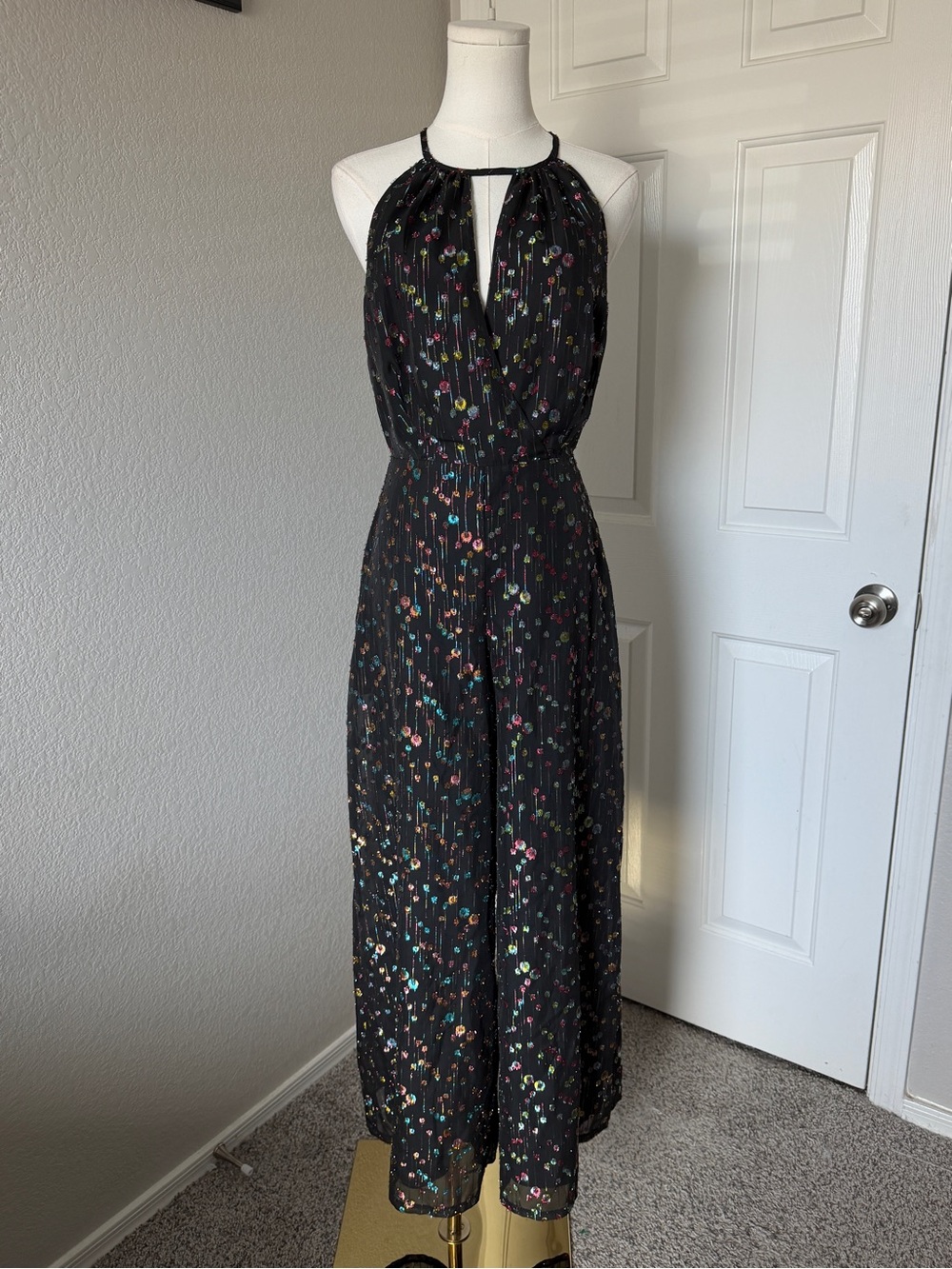 Anthropologie Black Multicolor Floral Halter Jumpsuit - Picture 2 of 5